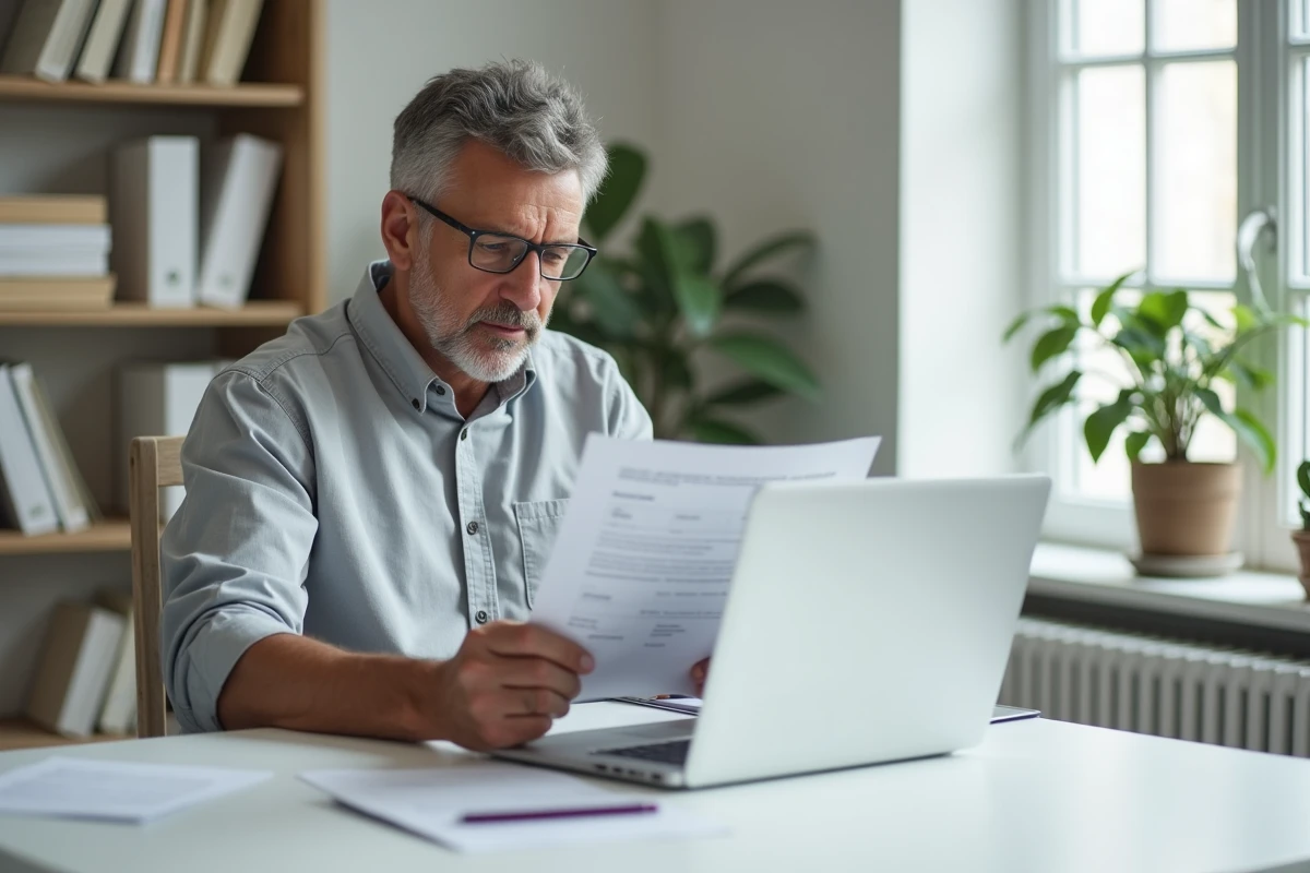 Un tuteur légal consultant les documents administratifs de protection juridique en ligne sur son bureau à domicile