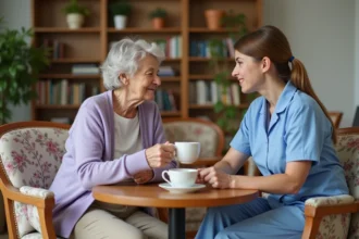 Résidente âgée discutant avec une soignante autour d'une tasse de thé dans le salon commun d'un EHPAD à Ibos