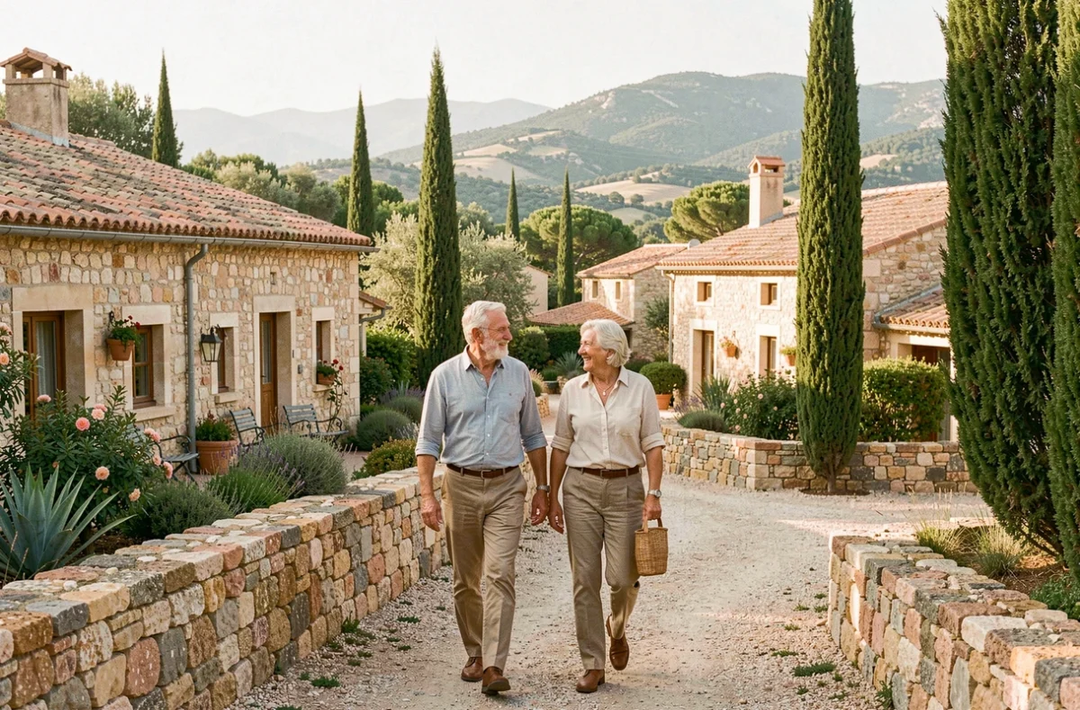 Deux seniors se promenant dans le cadre village de la résidence Les Villages d'Or à Grimaud, entourés de cottages en pierre et de jardins méditerranéens