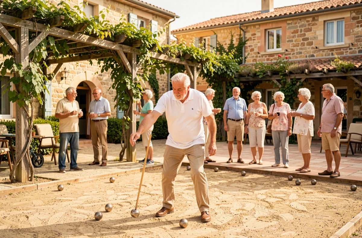 Seniors jouant à la pétanque dans la cour conviviale de la résidence Les Villages d'Or à Saint-Raphaël dans un cadre provençal authentique